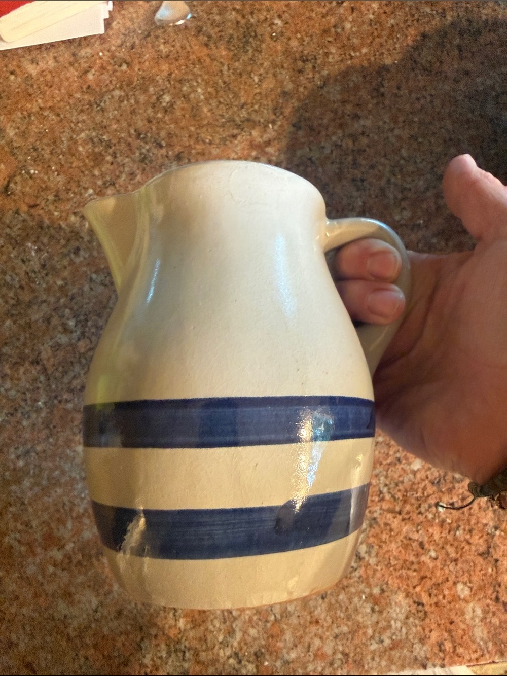 Handcrafted Ceramic Pitcher in Cream with Blue Stripes